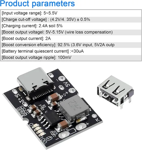 Vista 4 de 12 unidades tipo C USB 5V 2A Step-Up módulo de alimentación convertidor de aumento de batería de litio placa de protección de carga con indicador