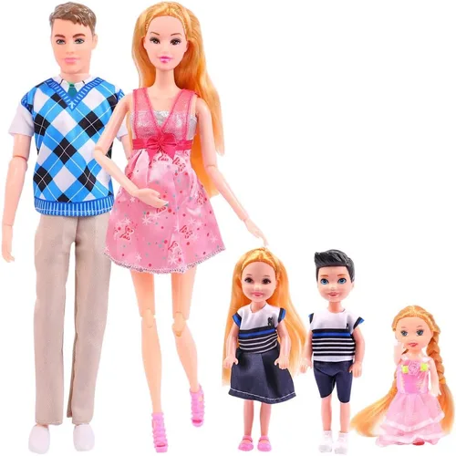Vista 4 de UCanaan Juego de 6 muñecas familiares con papá, mamá embarazada, 3 niños y bebé en la barriga de mamá y 70 accesorios para educación y regalo
