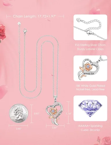 Vista 4 de Collar de corazón de rosa para mujer, collares de plata de ley 925 para mujer, collares de piedra natal, regalos para mujeres, regalos de cumpleaños