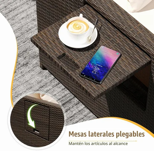 Vista 8 de LDAILY Moccha - Sofá cama para exteriores, sofá biplaza de mimbre con respaldo ajustable de 4 posiciones, otomana de almacenamiento, cojines Beige