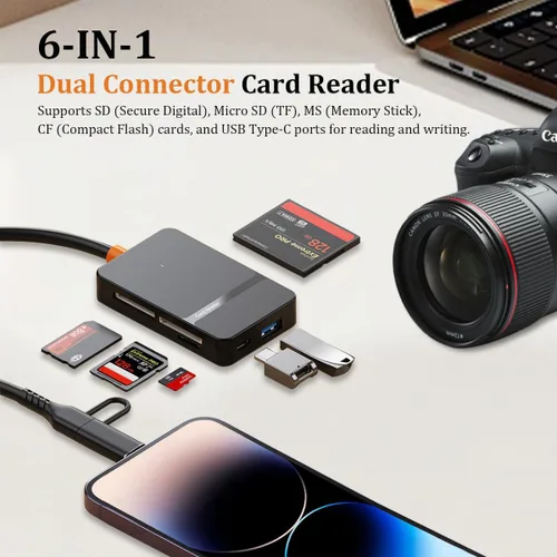 Vista 2 de Lector de tarjetas de memoria múltiple 6 en 1 USB-C e iluminación, lector de tarjetas SD adaptador USB para iPhone/IPad/MacBook Pro/Air, compatible