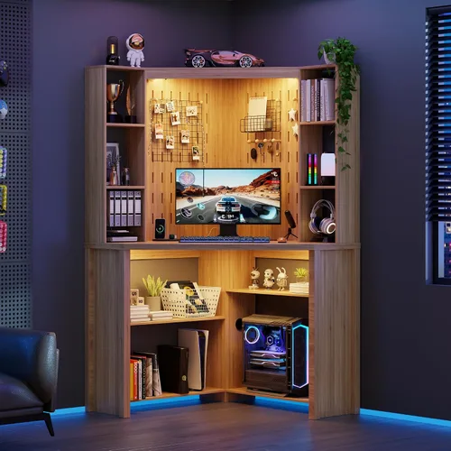 Vista 7 de Escritorio esquinero para computadora con luces LED, escritorio de estudio en forma de L con gabinete y estantes, escritorio triangular para oficina
