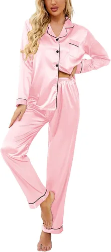 Vista 45 de Ekouaer - Conjunto de pijama de satén de seda clásico con botones para mujer, de manga larga Verde militar