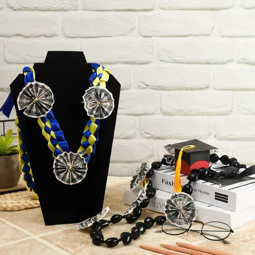 Vista 3 de Jexine Collar trenzado doble con lazo de graduación 2025 Lei y Kukui Nut Graduation Money Lei con lazo para regalo
