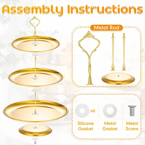 Vista 6 de Yaomiao Juego de 2 bandejas doradas de 3 niveles para servir con base de acero inoxidable para cupcakes, soporte para mesa de postre, juego
