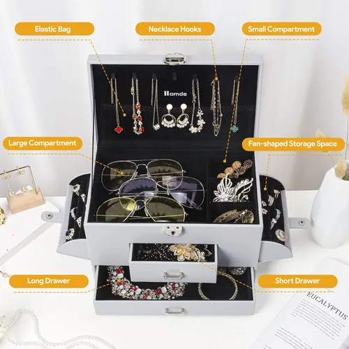 Vista 5 de Homde Joyero organizador para mujeres y niñas estuche grande de almacenamiento de joyas con cajón collar aretes anillos reloj gafas de sol