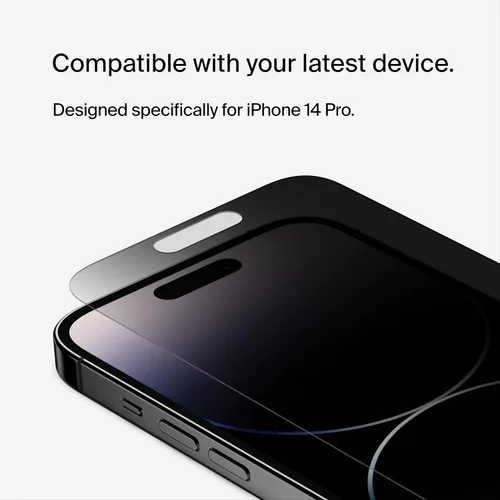 Vista 4 de Belkin ScreenForce - Protector de pantalla de privacidad de vidrio templado para iPhone 14 Pro, superficie tratada con revestimiento antihuellas
