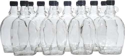 Vista 2 de North Mountain Supply Botellas de vidrio de jarabe de arce de 8 onzas con asa de bucle y tapas de plástico negro a prueba de manipulaciones, caja