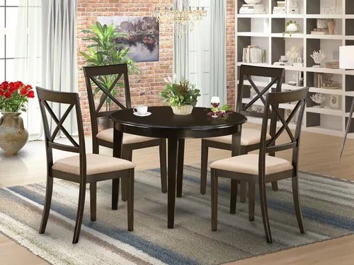 Vista 2 de East West Furniture BOST5-CAP-C - Juego de comedor de 5 piezas para 4 personas, incluye una mesa de cocina redonda y 4 sillas de comedor de tela