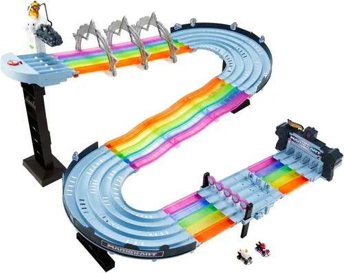 Vista 6 de Juego de pista de carreras Hot Wheels Mario Kart Rainbow Road de 8 pies con luces y sonidos y 2 vehículos a escala 1:64, carrera con curso colorido