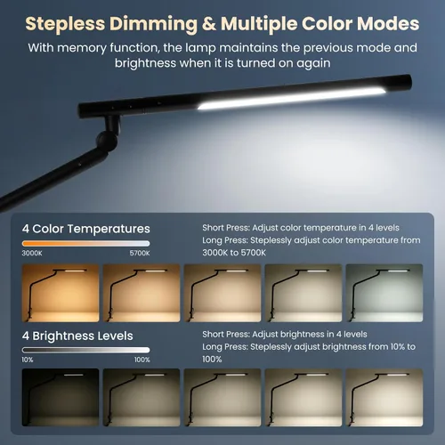 Vista 3 de Lámpara de escritorio LED con abrazadera, luz de escritorio de arquitecto de doble luz de 18 W, interruptor de sensor de luz RGB con brazo oscilante