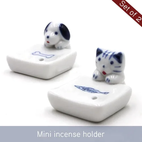Vista 2 de Juego de 2, mini gatito japonés con perro, hecho a mano, de cerámica blanca, soporte para incienso o quemador de incienso, bandeja para decoración