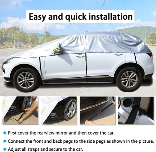 Vista 4 de Funda para la mitad del coche para todo tipo de clima, cubierta para el cuerpo del coche, parasol, cubierta de nieve, impermeable, resistente a