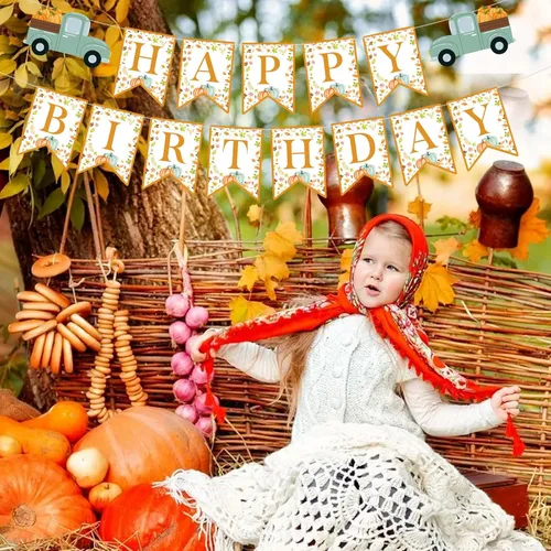 Vista 2 de Decoraciones de fiesta de calabaza pequeña, pancarta de feliz cumpleaños de Acción de Gracias y decoraciones de remolinos colgantes para fiesta