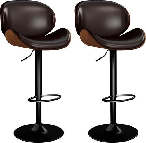 Vista 11 de Juego de 2 taburetes de bar ajustables giratorios de 360°, sillas de bar tapizadas de piel sintética con reposapiés, taburetes de madera para Negro