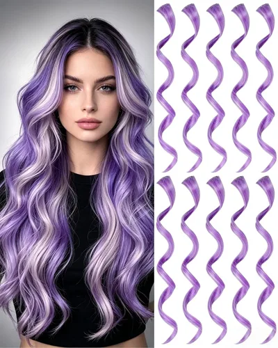 Vista 9 de 10 extensiones de cabello sintético rizado y ondulado negro con clip, reflejos de fiesta de neón arcoíris, accesorios de cabello coloridos