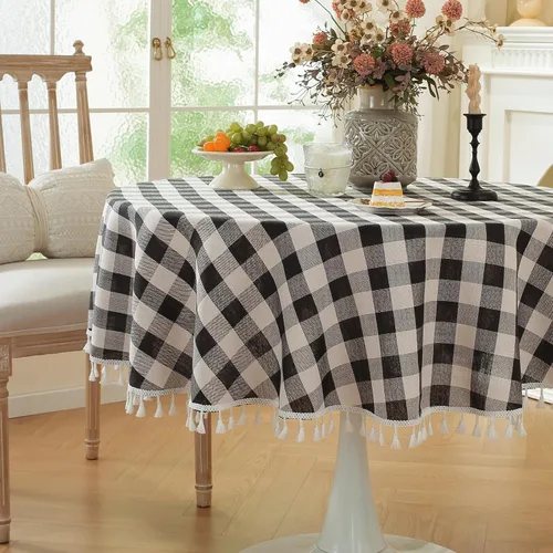 Vista 10 de Laolitou Mantel redondo a cuadros verde, de lino y algodón, con borla, a cuadros de búfalo, lavable, mantel de gingham para sala de estar