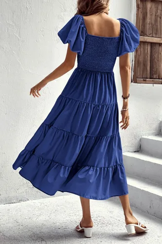 Vista 5 de PRETTYGARDEN Vestido midi casual de verano para mujer, manga corta, cuello cuadrado, fruncido, con volantes