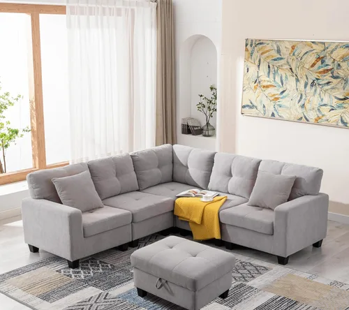 Vista 16 de Sofá modular convertible con otomana de almacenamiento, 7 plazas, en forma de L, moderno sofá esquinero de terciopelo para sala de estar