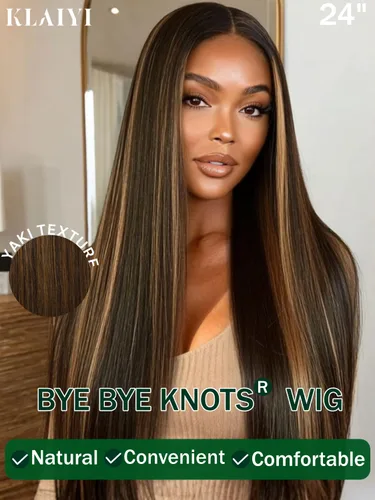 Vista 2 de KLAIYI Pre Everything™ Yaki - Pelucas de cabello humano lacio Yaki sin pegamento con reflejos degradados, color marrón balayage, encaje frontal
