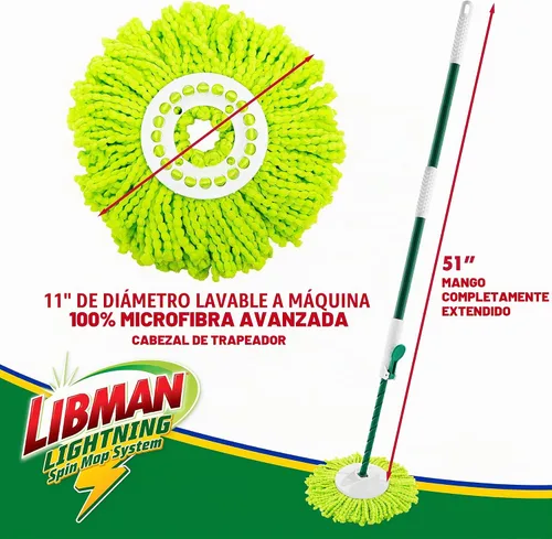 Vista 4 de Libman Lightning Spin Mop System Plus 1 cabezal de repuesto Trapeador y balde con juego de escurridor Trapeador de piso Trapeador giratorio
