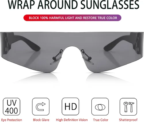 Vista 5 de Haygafe Gafas de sol envolventes de moda para mujeres y hombres sin montura futuristas Y2K a la moda planas gafas de sol UV400