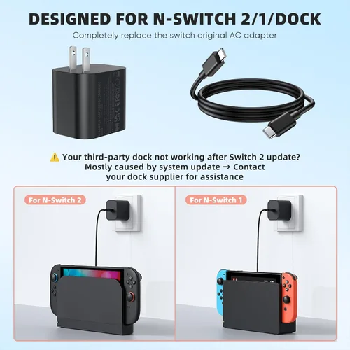 Vista 2 de Cargador Switch 2 - Adaptador de CA de 60W para Nintendo 2 (2025)/Nintendo 1, Cable de carga de 3.3 (1M) pies, Soporte de modo de acoplamiento