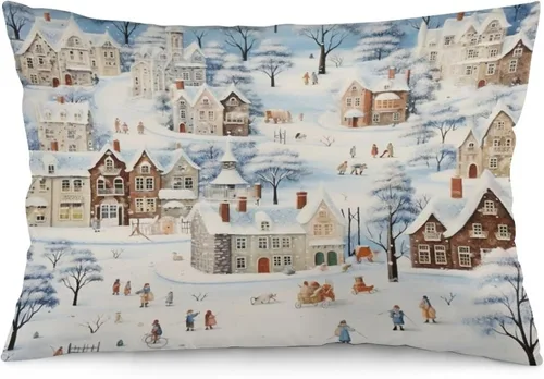 Vista 31 de Funda de almohada con escena de pueblo navideño con niños, fundas de almohada de 12 x 20 pulgadas, almohadas decorativas de Navidad para sofá, funda