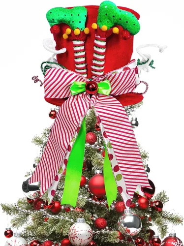 Vista 7 de Lordaeron - Gorro de adorno para árbol de Navidad, sombrero grande de terciopelo verde con lazo alargado, decoraciones de árbol de Navidad, adornos