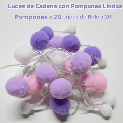 Vista 3 de ChiRee Guirnalda de luces para interiores de 6.56 pies, luces de hadas con pompones, 20 LED, funciona con pilas, luces de bola de cadena, luces