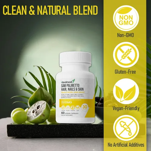 Vista 6 de Suplemento para el cuidado del cabello, las uñas y la piel con Saw Palmetto, biotina, Amla - 60 cápsulas vegetarianas sin OMG, sin gluten