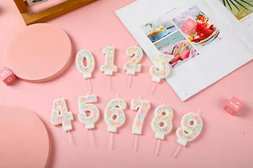 Vista 8 de Vela de Cumpleaños Número 0 Macarrón con Purpurina 3D Número 0 Vela Adorno para Pastel para Cumpleaños Boda Aniversario Fiesta Temática Dulce Pastel