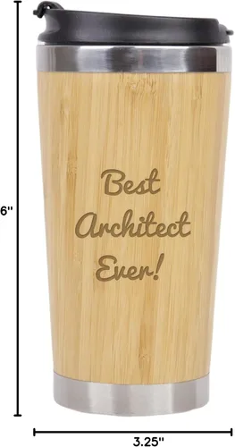 Vista 7 de Best Architect Ever - Vaso de café de bambú de acero inoxidable aislado con tapa, regalos para arquitectos, regalo de arquitecto, regalo