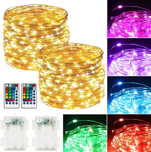 Vista 10 de Guirnalda de luces LED a pilas, 39 pies, 120 luces LED que cambian de color con control remoto, funciona con pilas, alambre de cobre impermeable