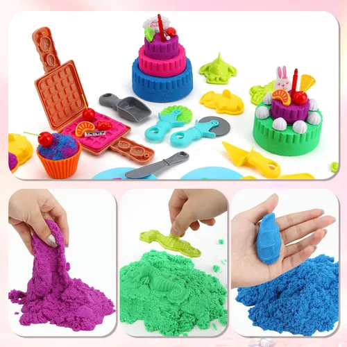 Vista 6 de YIDESTARS Kit de juego sensorial: juguete de arte de arena y helado, 4 libras de arena colorida, moldes, herramientas, caja de arena con tapa