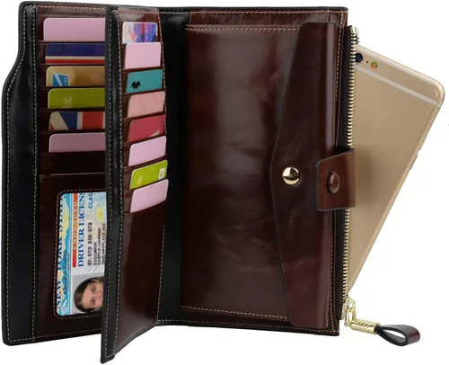 Vista 5 de YALUXE Cartera de piel auténtica para mujer con bloqueo RFID tarjetero múltiple con bolsillo para teléfono celular