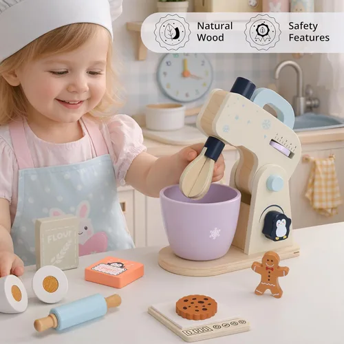 Vista 5 de PairPear Mezclador de juguete de madera para niños, mezclador de cocina con cuenco y accesorios para hornear, juguete de electrodomésticos de cocina