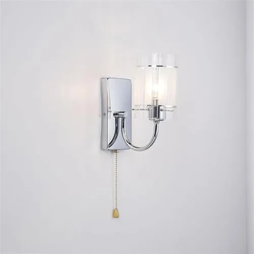 Vista 5 de Aplique de pared LED con interruptor de cadena de cristal transparente, cromado, lámpara cilíndrica moderna de mediados de siglo, lámpara cableada