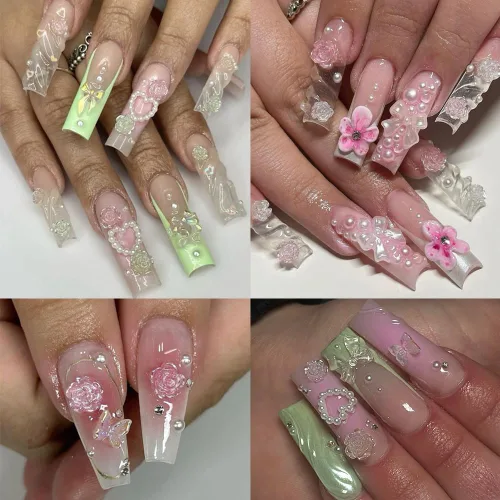 Vista 4 de Dijes de Uñas 3D Multiformas, Aurora Rosa Camelia Mariposa Flor Acrílica Lazo Transparente Corazón Blanco Perlas de Respaldo Plano Decoración