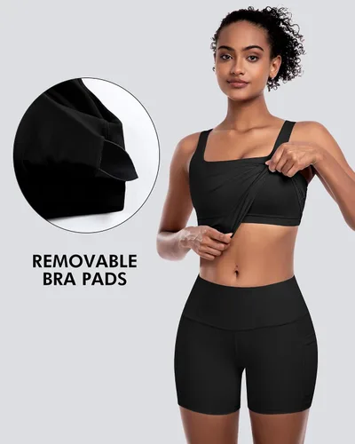 Vista 4 de Sujetadores deportivos para mujer, paquete de 5 unidades, cuello cuadrado, camiseta corta sin mangas acolchada para yoga con almohadillas integradas