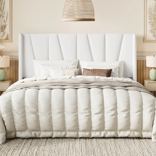 Vista 12 de SHA CERLIN Base de cama tamaño Queen con cabecera geométrica con respaldo de ala, plataforma tapizada con soporte de listones de madera, espacio Gris