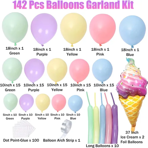 Vista 2 de Kit de arco de globos de helado – Juego de 142 guirnaldas de globos pastel con globo de Mylar de aluminio de helado de 37 pulgadas, globos torcidos