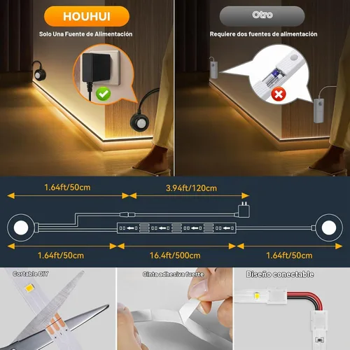 Vista 4 de Tira de luz con sensor de movimiento dual para interiores debajo de la cama