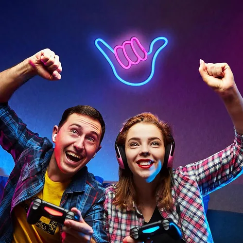 Vista 3 de ENUOLI Shaka Hand - Letreros de neón LED para decoración de pared, lámparas nocturnas alimentadas por USB y baterías, letreros iluminados para Rosa