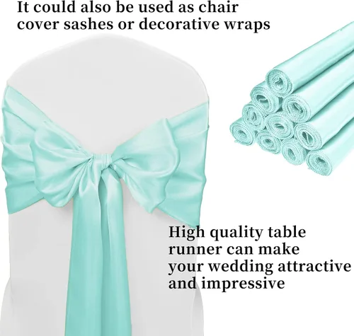 Vista 3 de Pack de 10 caminos de mesa de satén premium Aqua de 12 x 108 pulgadas de largo para bodas, caminos de mesa para decoraciones de fiestas