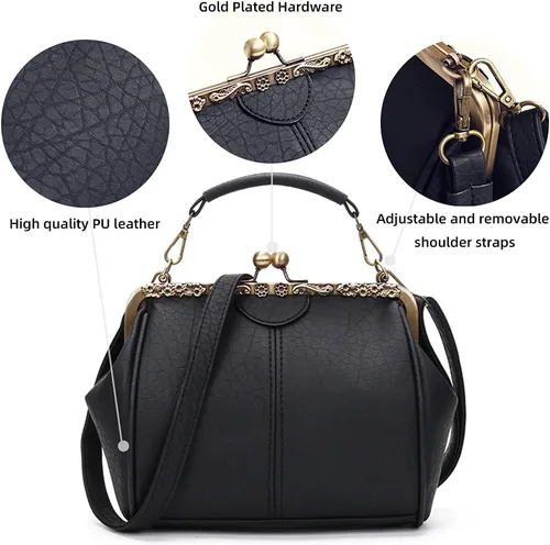 Vista 4 de ROUROU Bolso de mano hueco retro para mujer, bolso de hombro de cuero, bolso de mano de noche, cierre de beso, bolso cruzado, L