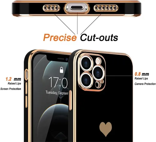 Vista 3 de Teageo Funda para iPhone 12 Pro para mujeres y niñas, diseño de corazón de amor, cubierta trasera suave, protección completa de la cámara, Negro