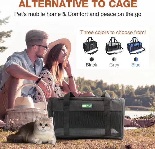 Vista 6 de Transportador para gatos y perros pequeños aprobado por aerolíneas de 17"x11"x9.5"– De lados suaves, bolsa de viaje plegable debajo del asiento