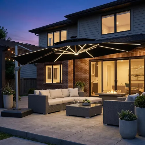 Vista 86 de PURPLE LEAF Sombrilla de patio de 9 x 12 pies con luces, sombrilla rectangular voladiza para exteriores, funciona con energía solar, LED