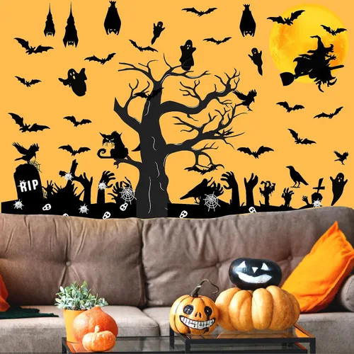 Vista 8 de Barri Design Calcomanías de pared de murciélago de Halloween, árbol de luna, bruja, calcomanías de pared extraíbles para Halloween, calcomanías